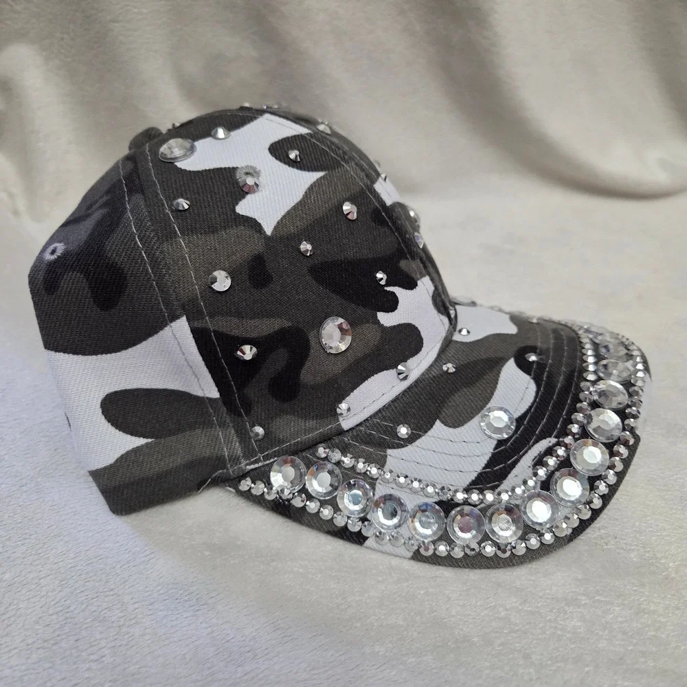 Camo Rhinestone Baseball Cap Gray White Camouflage Bling Studded Hat Adjustable